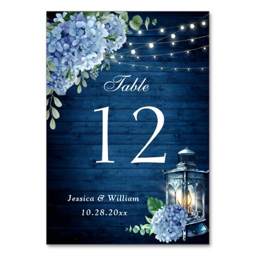 Blue Hydrangea Floral Lantern Navy Wood Wedding Table Number