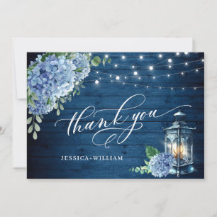 Blue Hydrangea Floral Lantern Navy Wood Wedding Thank You Card