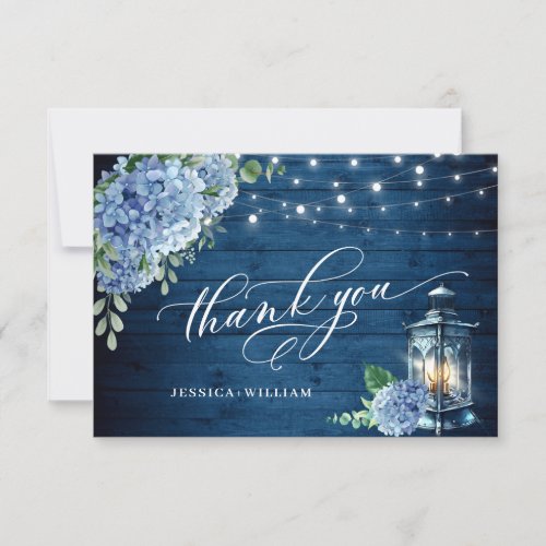 Blue Hydrangea Floral Lantern Navy Wood Wedding Thank You Card