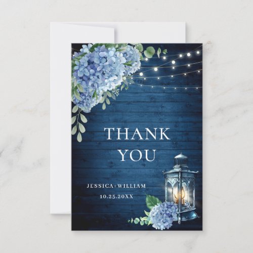Blue Hydrangea Floral Lantern Navy Wood Wedding Thank You Card