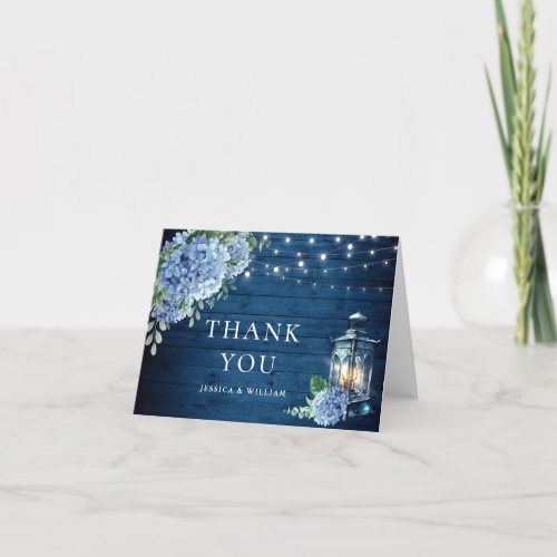 Blue Hydrangea Floral Lantern Navy Wood Wedding Thank You Card