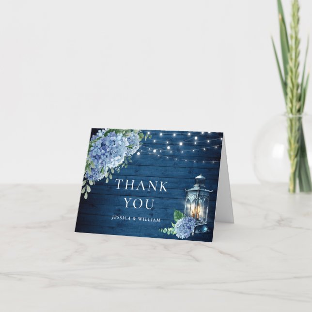 Blue Hydrangea Floral Lantern Navy Wood Wedding Thank You Card (Front)