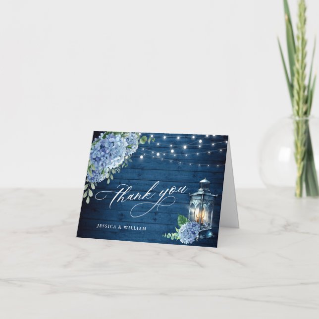 Blue Hydrangea Floral Lantern Navy Wood Wedding Thank You Card (Front)