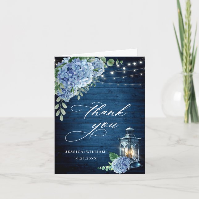 Blue Hydrangea Floral Lantern Navy Wood Wedding Thank You Card (Front)