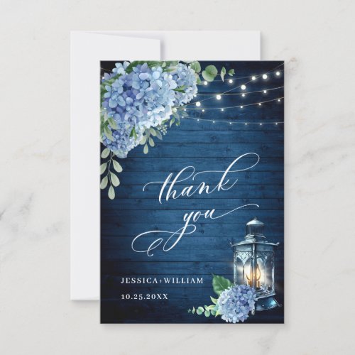 Blue Hydrangea Floral Lantern Navy Wood Wedding Thank You Card