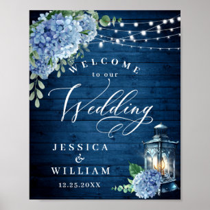Blue Hydrangea Floral Lantern Wood Welcome Wedding Poster