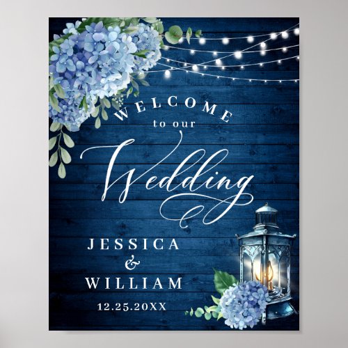Blue Hydrangea Floral Lantern Wood Welcome Wedding Poster