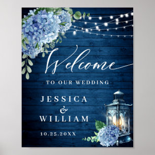 Blue Hydrangea Floral Lantern Wood Welcome Wedding Poster