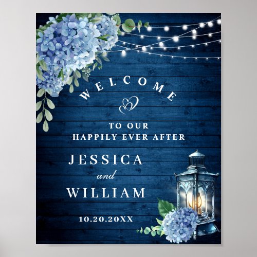 Blue Hydrangea Floral Lantern Wood Welcome Wedding Poster