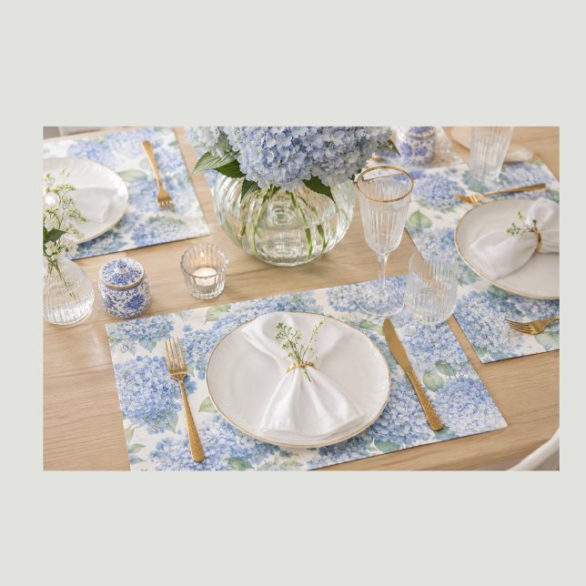 Blue Hydrangea Floral Large Paper Placemats  (The convenience of paper never looked so elegant with these blue hydrangea paper placemats dine in )