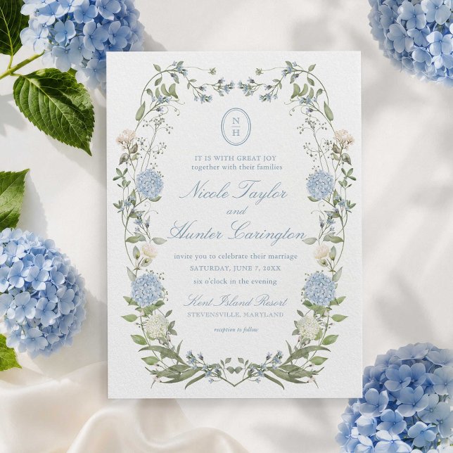 Blue Hydrangea Floral Monogram Crest Wedding Invitation (Creator Uploaded)