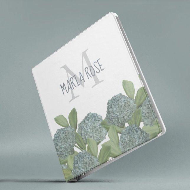 Blue Hydrangea Floral Monogram Name Binder (Elegant blue hydrangea floral binder with personalized name and monogram, perfect for stylish school)