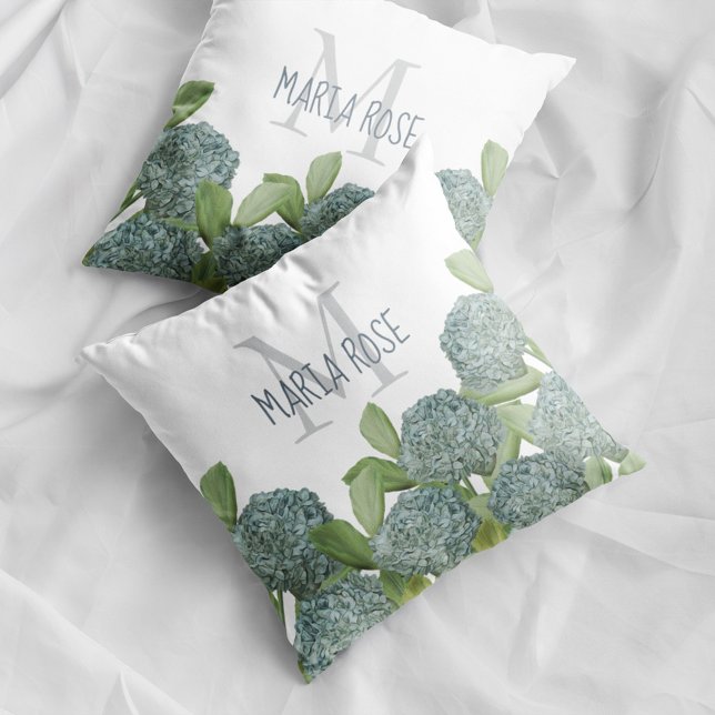 Blue Hydrangea Floral Monogram Name  Throw Pillow (Blue hydrangea floral monogram pillow with personalized name botanical home decor accent.)