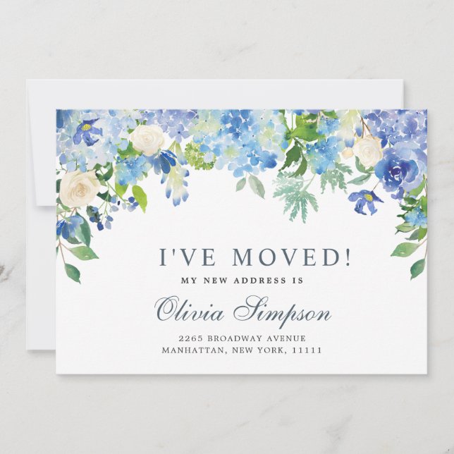 Blue Hydrangea Floral Moving Announcement Cards (Front)