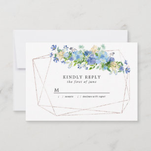 Blue Hydrangea Floral on Gold Geometric Frame RSVP Card