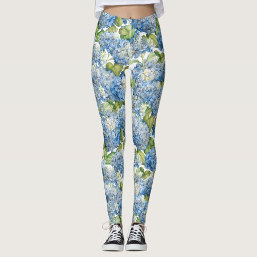 Blue Hydrangea Floral Pattern Leggings