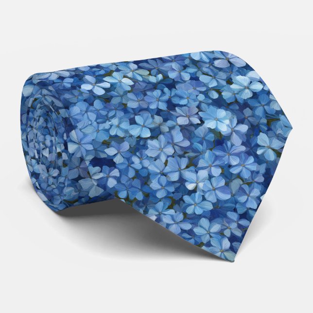 Blue Hydrangea Floral Pattern Neck Tie (Rolled)