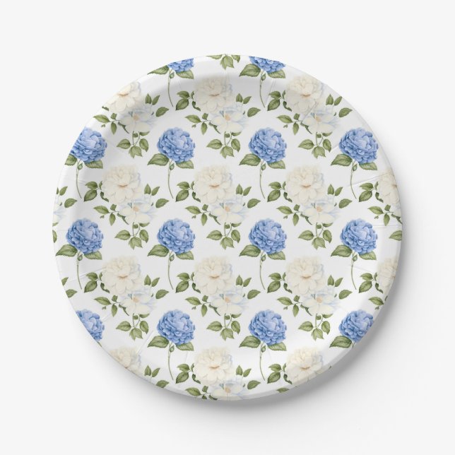 Blue hydrangea Floral Pattern Paper Plates (Front)