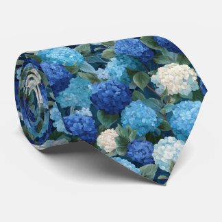 Blue Hydrangea Floral Pattern with Leaves Neck Tie