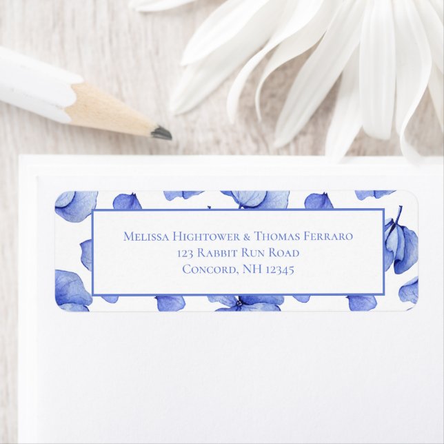Blue Hydrangea Floral Petals Wedding Address Label (Insitu)
