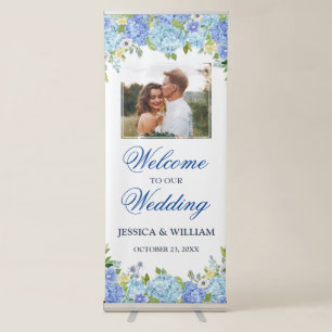 Blue Hydrangea Floral PHOTO Wedding Welcome Retractable Banner