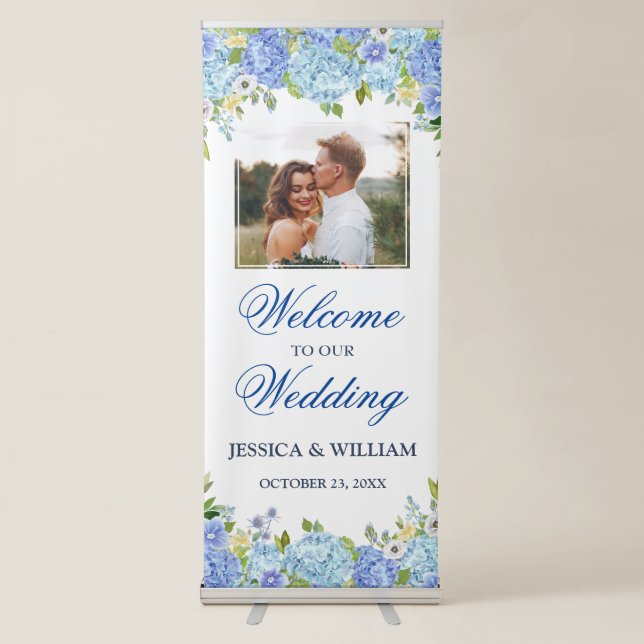 Blue Hydrangea Floral PHOTO Wedding Welcome Retractable Banner (Front)