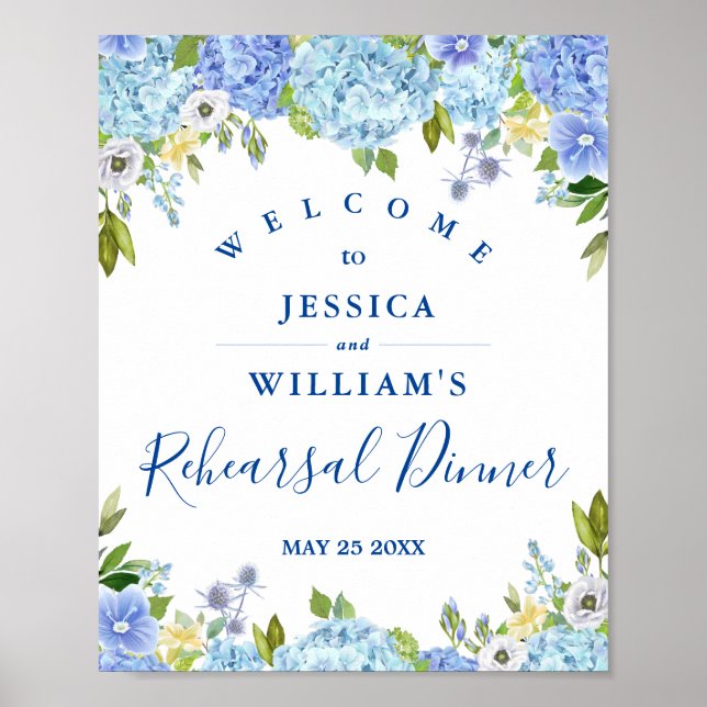 Blue Hydrangea Floral Rehearsal Dinner Sign (Front)