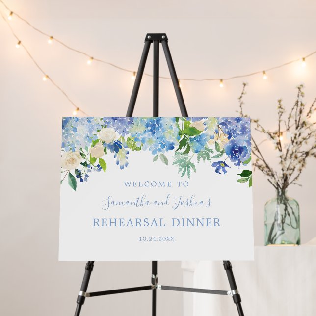 Blue Hydrangea Floral Rehearsal Dinner Welcome Foam Board (In Situ (Stand))
