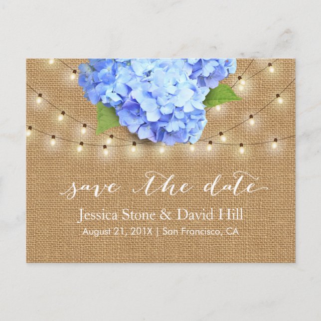 Blue Hydrangea Floral Rustic Wedding Save the Date Announcement Postcard (Front)