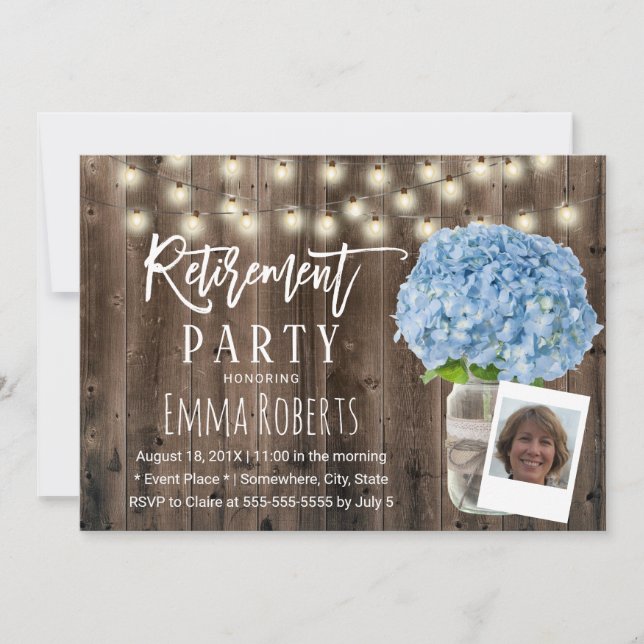 Blue Hydrangea Floral Rustic Wood Photo Retirement Invitation (Front)
