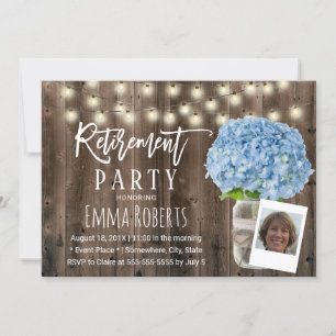 Blue Hydrangea Floral Rustic Wood Photo Retirement Invitation