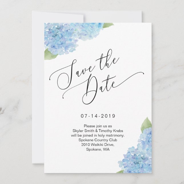 Blue Hydrangea Floral Save the Date Card (Front)