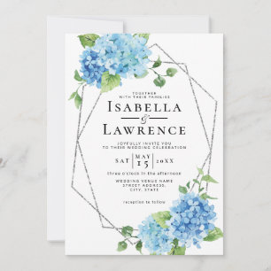Blue Hydrangea Floral Silver Elegant Wedding Invitation