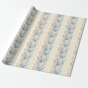 Blue Hydrangea Floral Stripe Watercolor Gift Wrapping Paper