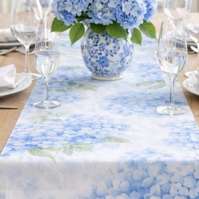 Blue Hydrangea Floral Table Runner | Elegant  (Create this complete coastal table look with our hydrangea runner and matching napkins.)