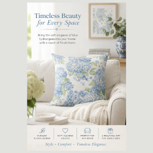 Blue Hydrangea Floral Throw Pillow Elegant Coast
