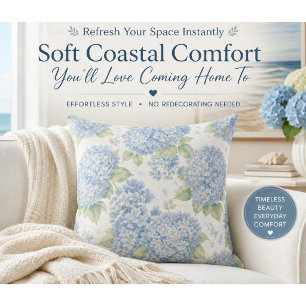 Blue Hydrangea Floral Throw Pillow Elegant Coast