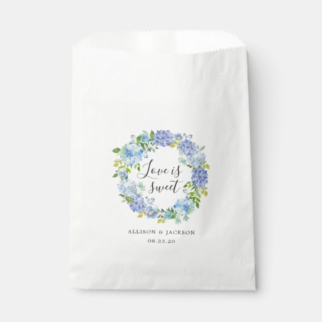 Blue Hydrangea Floral Treat Wedding Favor Bags (Front)