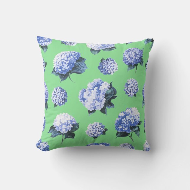 Blue Hydrangea Floral - Watercolor Botanica Throw Pillow (Front)