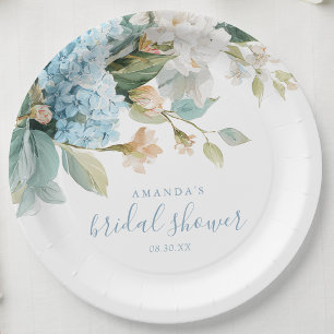 Blue Hydrangea Floral Watercolor Bridal Shower Paper Plates