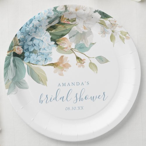 Blue Hydrangea Floral Watercolor Bridal Shower Paper Plates