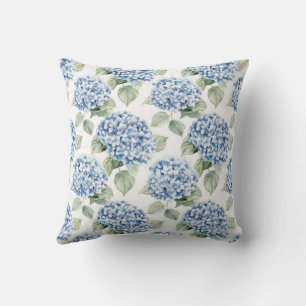 Blue Hydrangea Floral Watercolor Cottage Pattern Throw Pillow