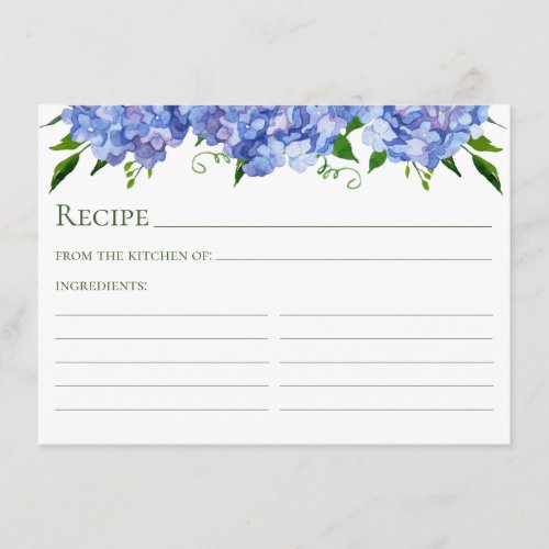 Blue Hydrangea Floral Watercolor Recipe Card