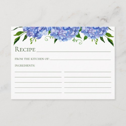 Blue Hydrangea Floral Watercolor Recipe Card