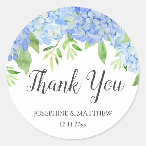 Blue Hydrangea Floral Watercolor Wedding Thank You Classic Round Sticker
