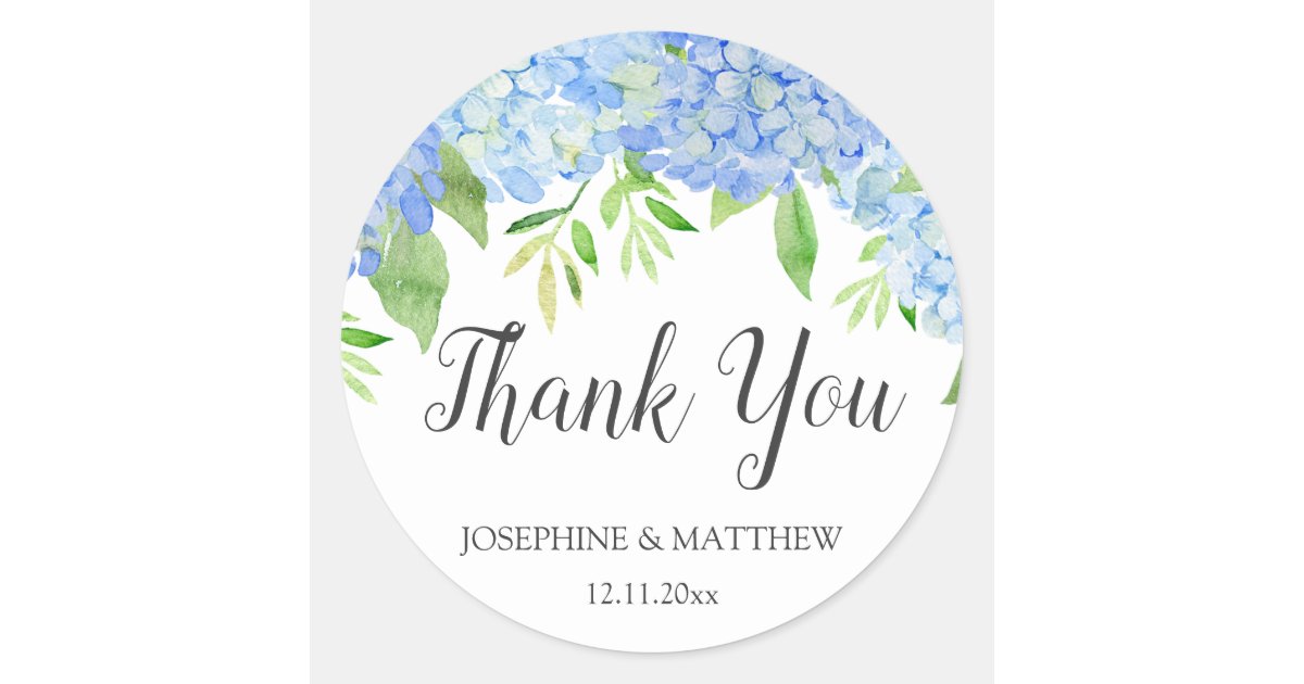 Blue Hydrangea Floral Watercolor Wedding Thank You Classic Round ...