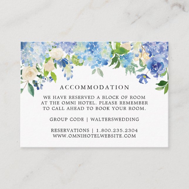 Blue Hydrangea Floral Wedding Accommodation Cards (Front)