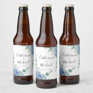 Blue Hydrangea Floral Wedding Beer Bottle Label