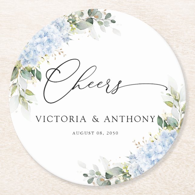Blue Hydrangea Floral Wedding Cheers Round Coaster (Front)