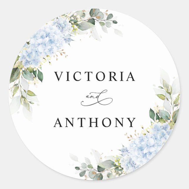 Blue Hydrangea Floral Wedding Classic Round Sticker (Front)